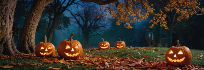 Sticker - Jack-o'-lanterns in a spooky forest.