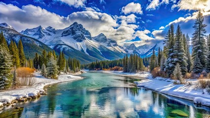 Canvas Print - Snowy mountains and icy river with lush trees and blue clouds in the sky, snow-capped, mountains, green water, reflection, sunlight