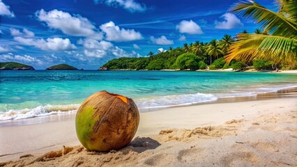 Sticker - Coconut resting on a sandy beach overlooking the turquoise sea with lush tropical island in the distance, coconut