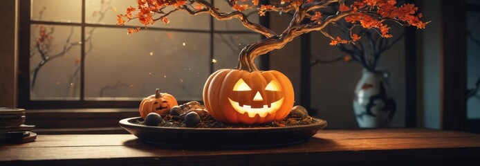 Sticker - Illuminated Jack-o'-Lantern on a Wooden Table with Fall Foliage.