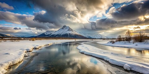 Poster - Frozen river bank with snow covering the ground, leading to a distant mountain surrounded by cloudy skies , winter, frozen