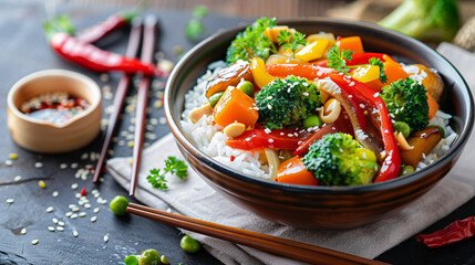 Bowl of vegetable stir-fry with tofu