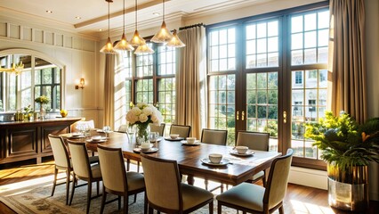 Wall Mural - Elegant dining room with ample natural light streaming in through large windows