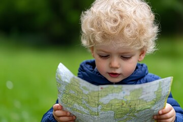 A curious child explores a map, discovering new places. Nature surrounds, enticing adventure and learning.