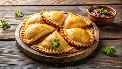 Poster - Baked empanadillas with golden crust , Spanish cuisine, pastry, appetizer, filled, savory, traditional, homemade, delicious