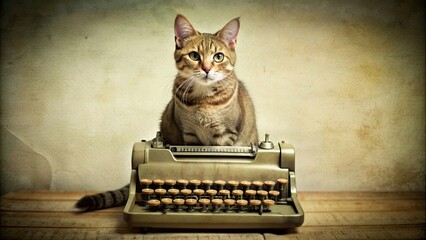 Canvas Print - Typewriter Cat sitting on vintage typewriter, cat, typewriter, vintage, retro, adorable, feline, technology, keyboard, pet