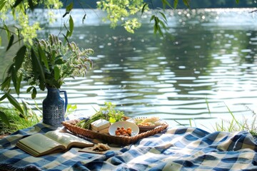 Peaceful lakeside picnic with delicious food, relaxing read, and serene nature beauty