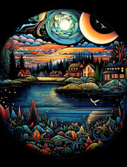 Wall Mural -  A colorful and vibrant illustration of Lake Morn, surrounded by trees and houses on the shore, under a bright moonlight sky