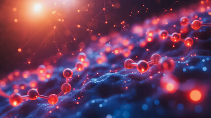 Poster - Futuristic digital graphic of molecular structures and neural networks, highlighting breakthroughs in biotechnology and scientific innovation.