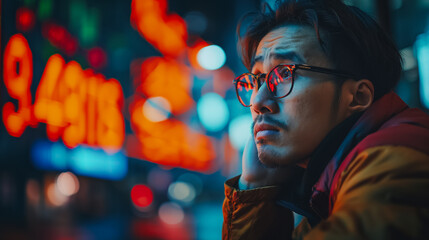 Poster - Upset Asian man looking at stock exchange data and chart graphs, representing emotional response to financial market difficulties.