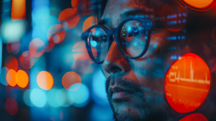 Poster - Melancholic Asian man analyzing stock market charts and data on a display, capturing the impact of financial setbacks and market downturns.