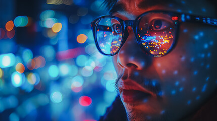Poster - Melancholic Asian man analyzing stock market charts and data on a display, capturing the impact of financial setbacks and market downturns.