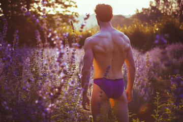 Male underwear concept. Outdoor full length shot of back of sportive red-haired athlete wearing purple swimming briefs and standing in lavender meadow. Golden hour. Text space