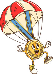 Poster - Cartoon groovy school golden medal character is parachuting down with a big smile, showcasing a cheerful and triumphant facial expression. Isolated vector joyful, victorious medal trophy personage