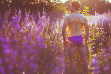 Male underwear concept. Outdoor full length shot of back of sportive red-haired athlete wearing purple swimming briefs and standing in lavender meadow. Golden hour. Text space