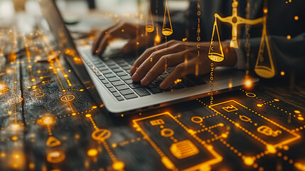 Poster - A person is typing on a laptop with a lot of lines and shapes on the screen. Concept of complexity and organization, as the lines and shapes seem to be interconnected and interdependent