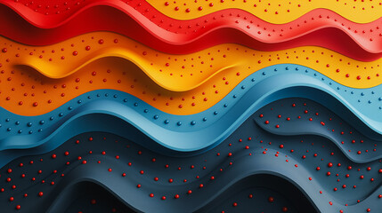 Poster - A colorful wave with red, yellow, and blue stripes. The wave is made of small dots and has a rough texture