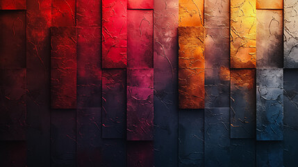 Poster - A colorful wall with red, yellow, and blue stripes. The wall is made of wood and has a rough texture. The colors and patterns create a sense of energy and movement