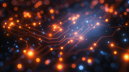 Poster - A computer chip with many small lights on it. The lights are orange and blue. The image is abstract and has a futuristic feel to it