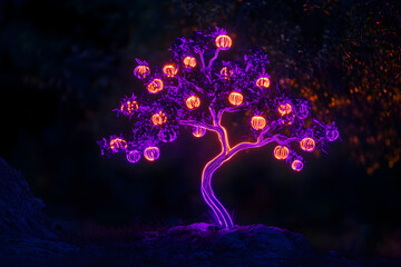 Wall Mural - Glowing purple neon pomegranate tree against dark background.