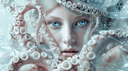 Poster - White and Blue-Eyed Woman with Tentacles Wrapped Around Her in a Surreal and Mystical Artwork.