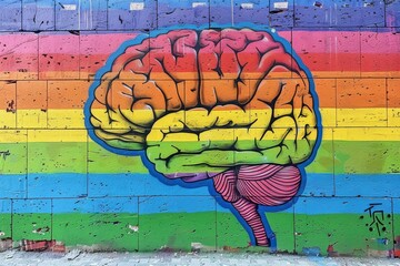 Poster - Graffiti brain on colorful urban wall, blending street art with cognitive science in a creative display.