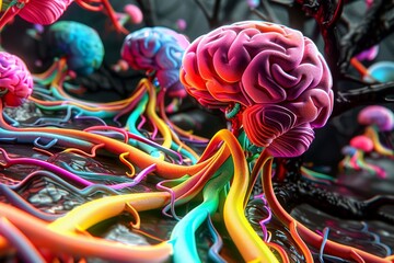 Sticker - Psychedelic brain journey through vibrant neural pathways symbolizes creative thought processes.