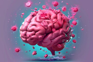 Poster - Floating brain in a pink cloud, illustrating the lightness and fluidity of creative thoughts.