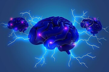 Canvas Print - Neon brain in electric blue, visualizing the power and complexity of neural activity and cognitive functions.