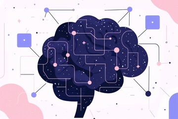 Wall Mural - Schematic brain illustration with connected nodes, highlighting complex data processing in AI algorithms.