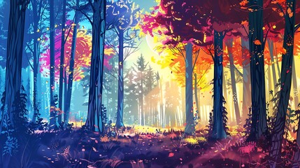 Canvas Print - Vibrant Autumn Forest with Falling Leaves