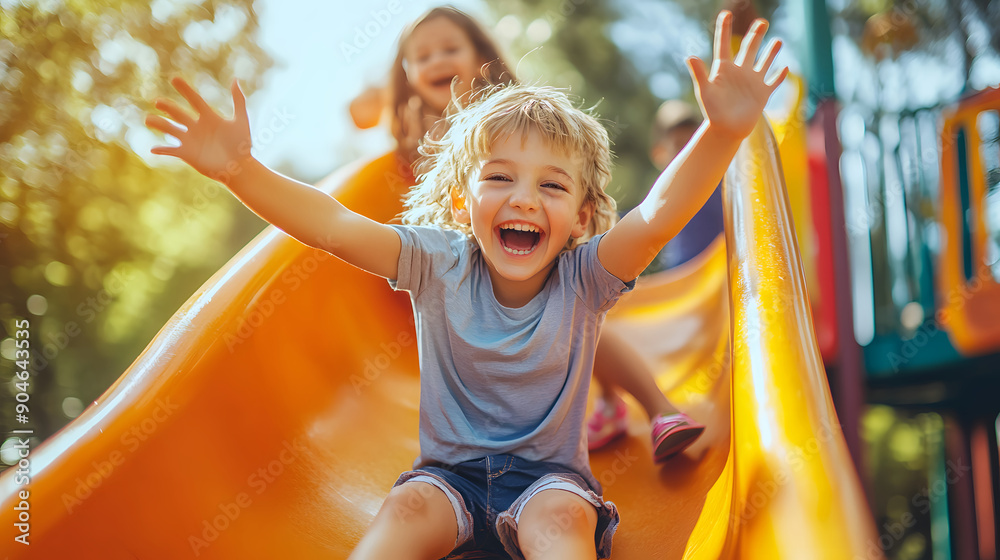 Sliding Activity Joyful Children Sliding Down A Playground Slide During A Sunny ...