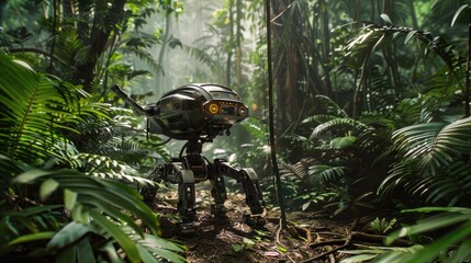 Wall Mural - An AI-powered robot conducting a detailed environmental survey in a dense rainforest.