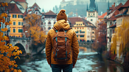 A traveler with backpack standing in front of an old town