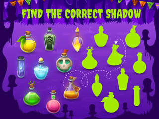 Poster - Find the correct shadow of witch potion bottles. Similarity search children quiz, silhouette find child vector puzzle or shadow match kids game. Similarity search riddle worksheet with magic potions