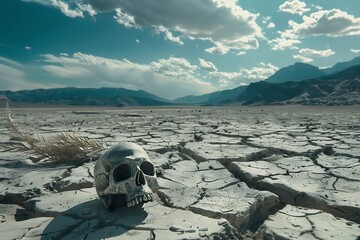 Generative AI Image of Dry Cracked Ground with Skull at Desert Wasteland Wallpaper