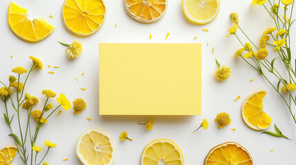 Blank yellow card surrounded by sliced citrus fruits and yellow flowers on a white background