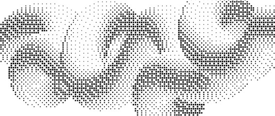 Poster - Pixelated gradient squiggle shape. Black dither wavy texture background. Dotted curved fluid form for banner, poster, leaflet. Abstract digitalized undulated overlay wallpaper. Vector backdrop