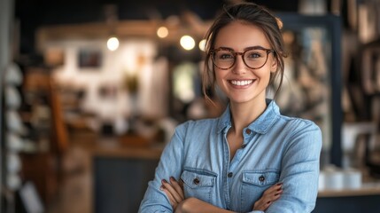 A woman wearing glasses and a blue shirt is smiling for the camera