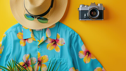 Flat lay photography, blue Hawaiian shirt with sun hat and sunglasses on yellow background