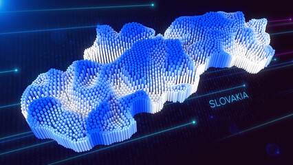 Wall Mural - digital 3d perspective dynamic rippling map of slovakia in blue and white, set against dark futurist