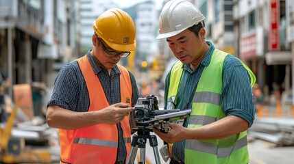 Two men in construction gear are looking at a camera