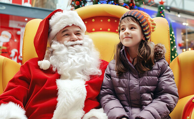 Santa Claus and a little girl in front of a beautifully decorated Christmas tree, smiling and celebrating the holiday season.