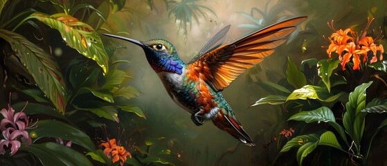 Sticker - Hummingbird in Flight Among Tropical Plants.