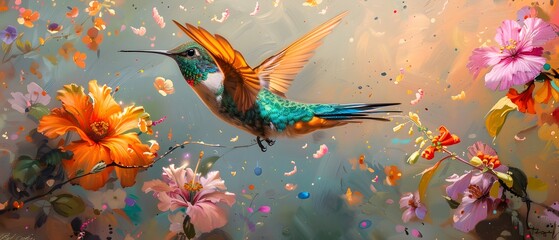 Sticker - Hummingbird In Flight With Floral Background.