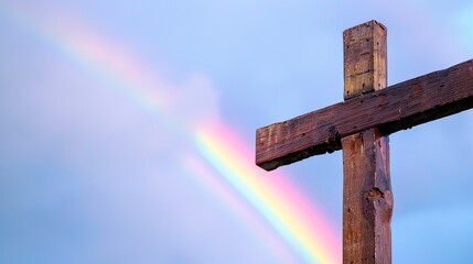 Close-up of a wooden cross with a vibrant rainbow arching across the background, symbolizing hope and faith