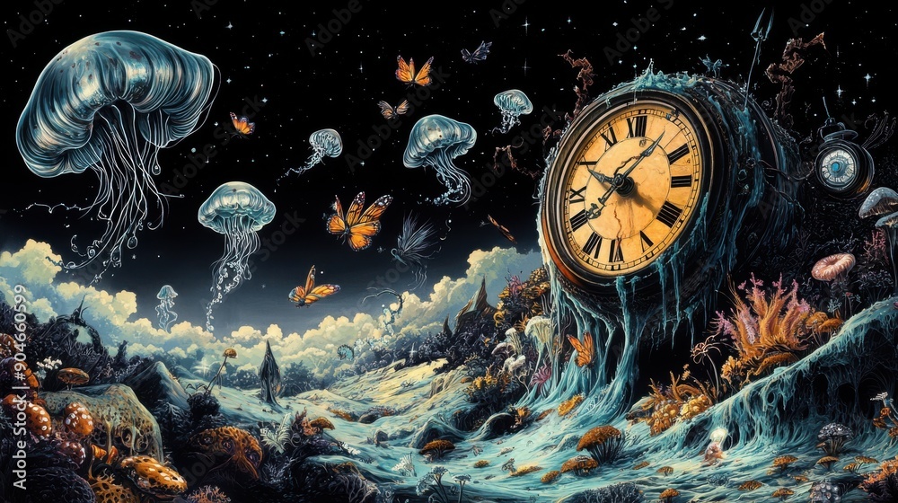 A surreal dreamscape with a giant clock melting over a hillside, while ...