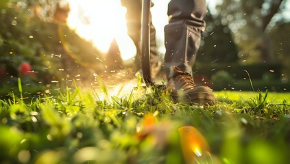 Grass Trimming in Sunset: Garden, Lawn Care, Summer, Outdoor, Nature