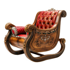 Exquisite Vintage Rocking Chair with Ornate Wood and Plush Red Upholstery