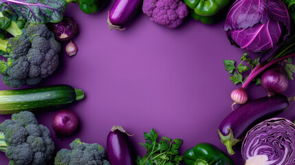 Canvas Print - A purple background with a variety of vegetables including broccoli, cauliflower, and apples. The vegetables are arranged in a circle, with some overlapping and others standing alone